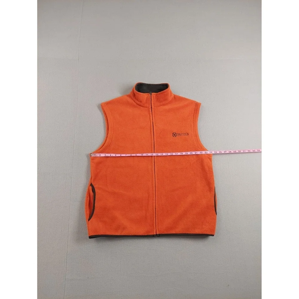 Nautica Men Vest XL Orange Fleece Zip Up Reversible Side Pockets Logo Outerwear
